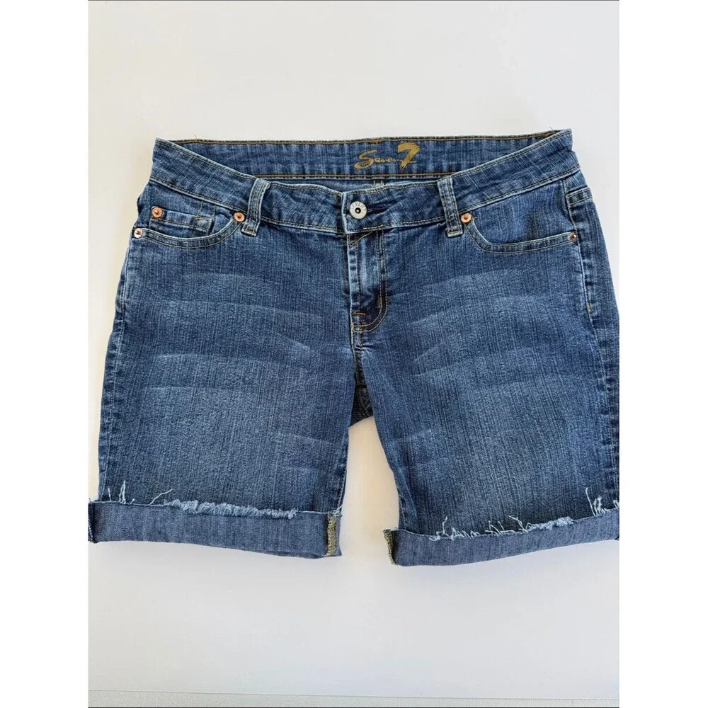 Seven 7 Low Rise Medium Blue Denim Jeans Cutoff Shorts 31 Y2K Cowgirl Jorts